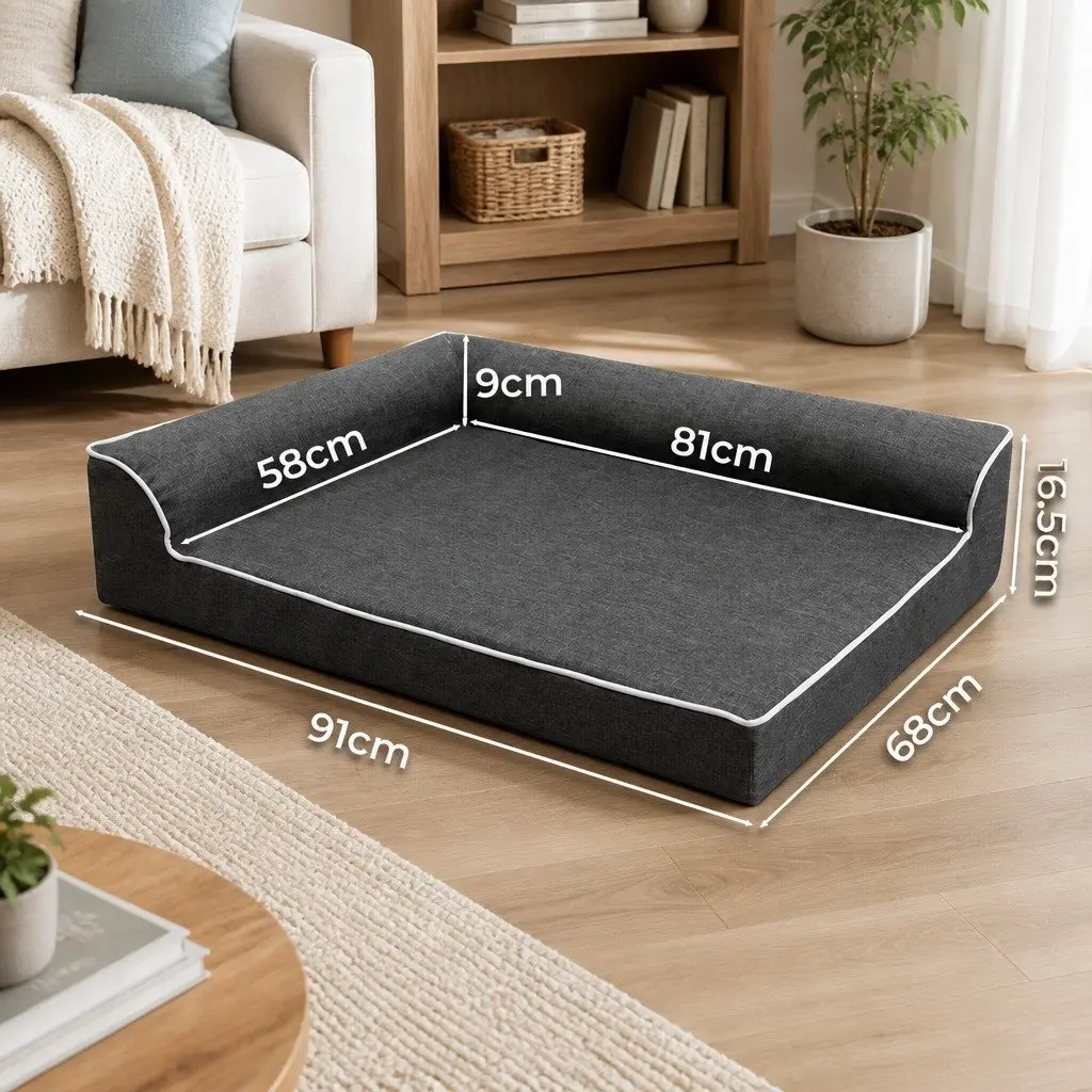 Large Grey Memory Foam Pet Sofa Bed with Bolster Support and Waterproof Lining for Comfort and Joint Relief