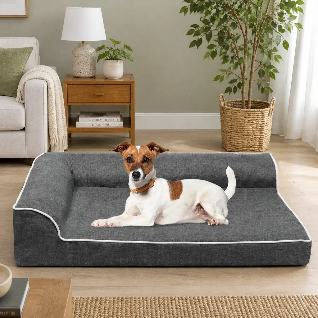 Large Grey Memory Foam Pet Sofa Bed with Bolster Support and Waterproof Lining for Comfort and Joint Relief