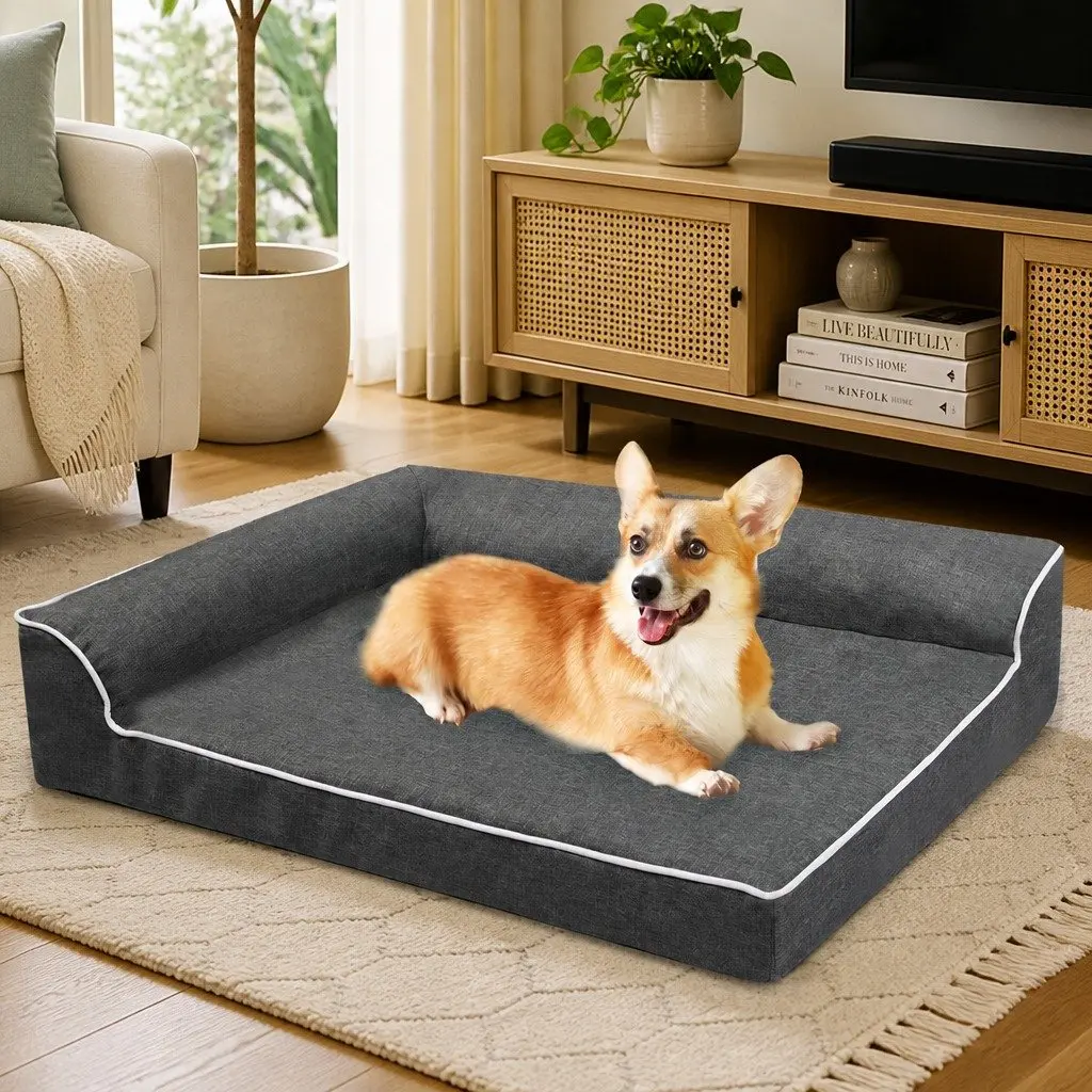 Large Grey Memory Foam Pet Sofa Bed with Bolster Support and Waterproof Lining for Comfort and Joint Relief