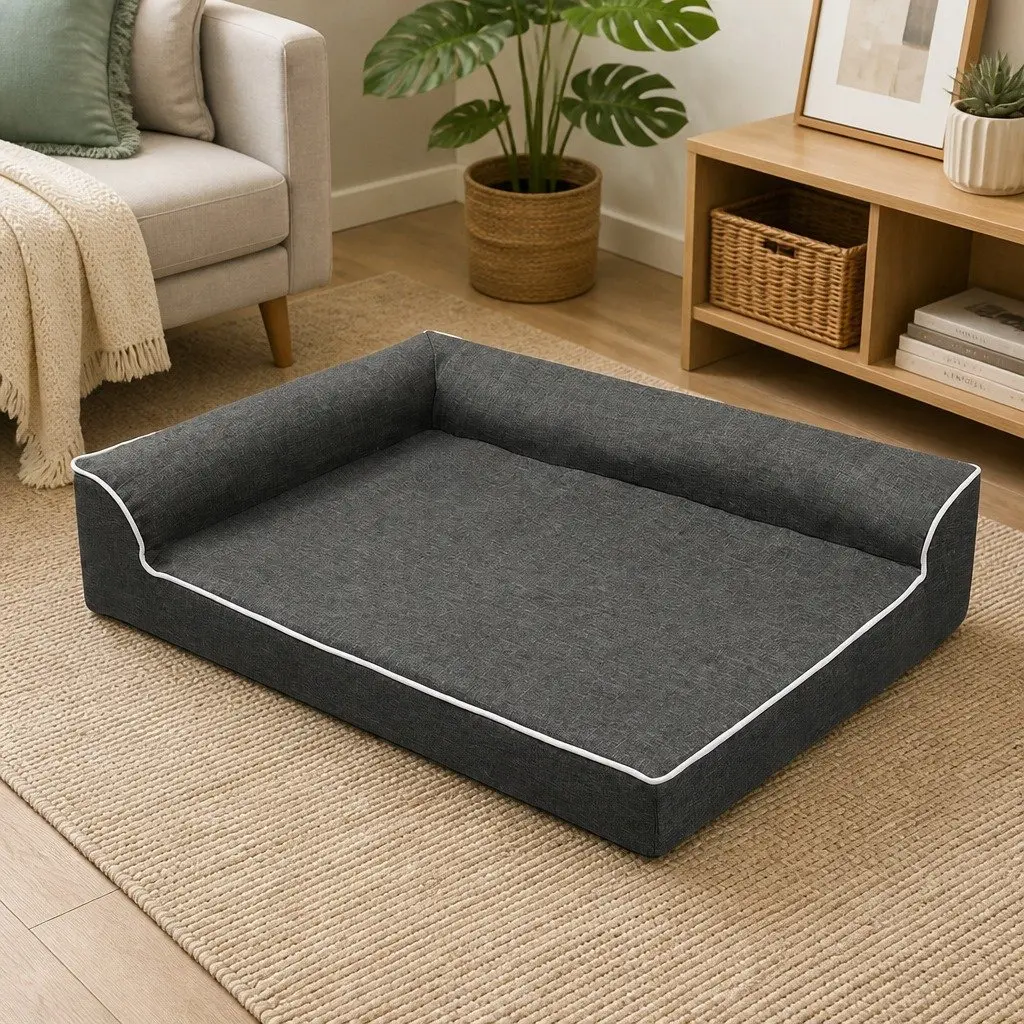Large Grey Memory Foam Pet Sofa Bed with Bolster Support and Waterproof Lining for Comfort and Joint Relief