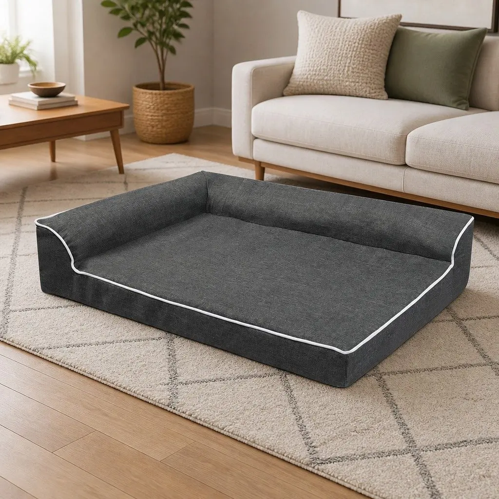 Orthopedic Dog Bed Memory Foam Medium Grey L-Shaped Bolster Removable Washable Cover