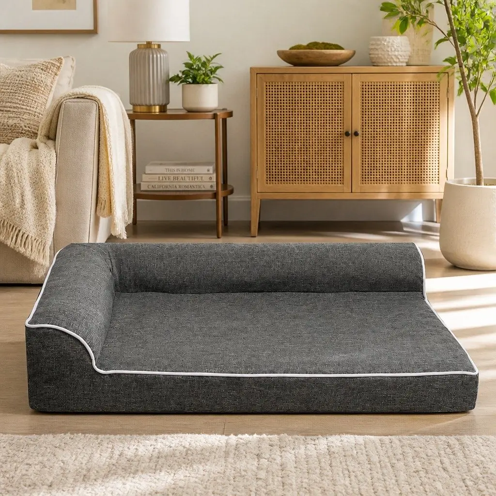 Orthopedic Dog Bed Memory Foam Medium Grey L-Shaped Bolster Removable Washable Cover