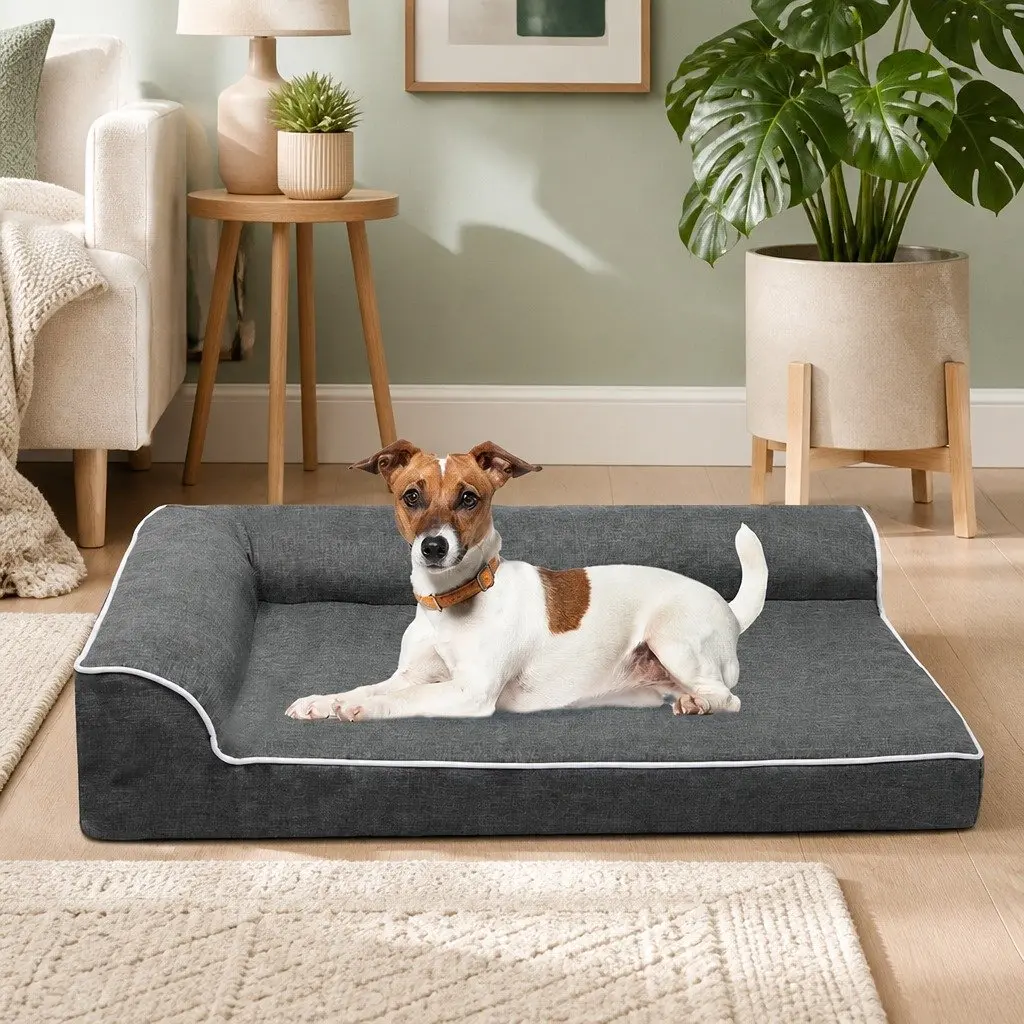 Orthopedic Dog Bed Memory Foam Medium Grey L-Shaped Bolster Removable Washable Cover