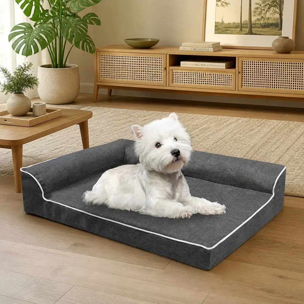 Orthopedic Dog Bed Memory Foam Medium Grey L-Shaped Bolster Removable Washable Cover