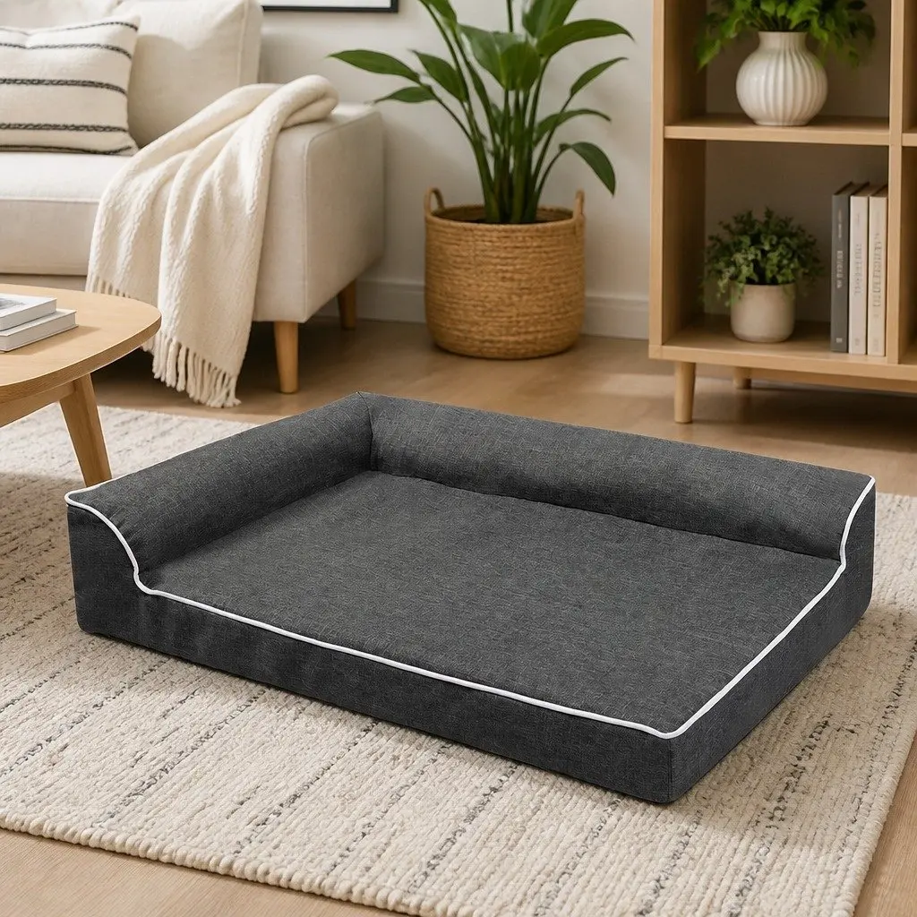 Orthopedic Dog Bed Memory Foam Medium Grey L-Shaped Bolster Removable Washable Cover