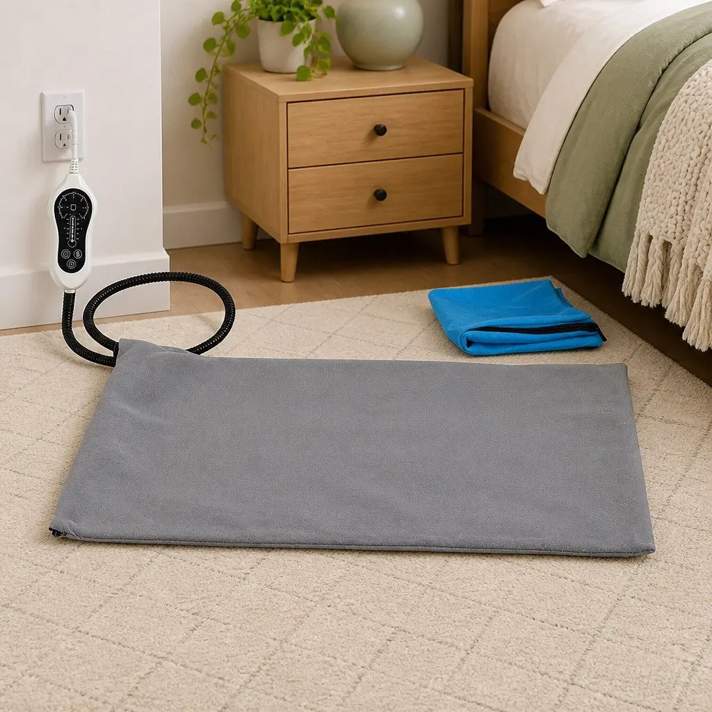 Heated Pet Mat Small Size PVC Polyester Blue Grey Adjustable Temperature Timer 38cm x 48cm