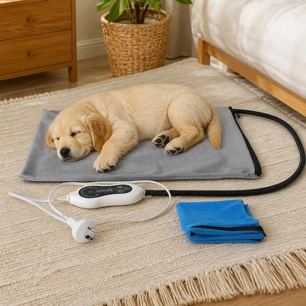Heated Pet Mat Small Size PVC Polyester Blue Grey Adjustable Temperature Timer 38cm x 48cm