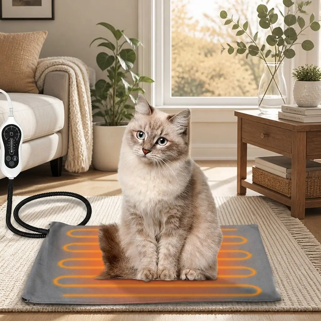 Heated Pet Mat Small Size PVC Polyester Blue Grey Adjustable Temperature Timer 38cm x 48cm