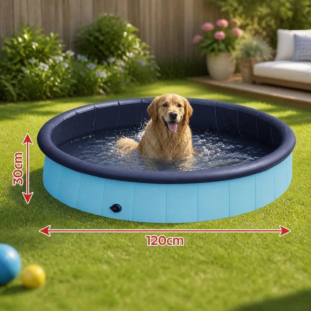 Portable Folding Dog Pool PVC Composite 120cm Blue Interactive Bath and Spray