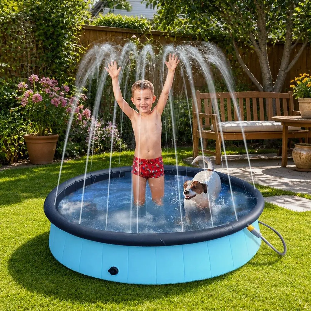 Portable Folding Dog Pool PVC Composite 120cm Blue Interactive Bath and Spray