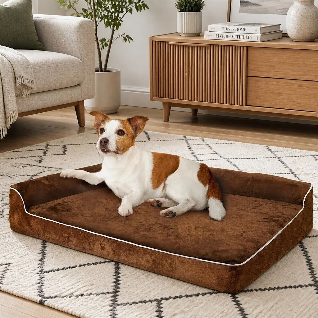 Memory Foam Orthopedic Dog Bed L-Shaped Bolster Medium Size Egg Crate Coffee Color