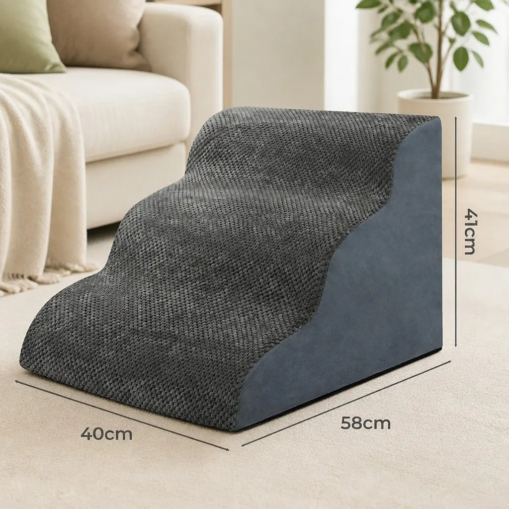 3-Step Pet Stairs Non-Slip Corduroy High Density Foam Grey Portable Handle