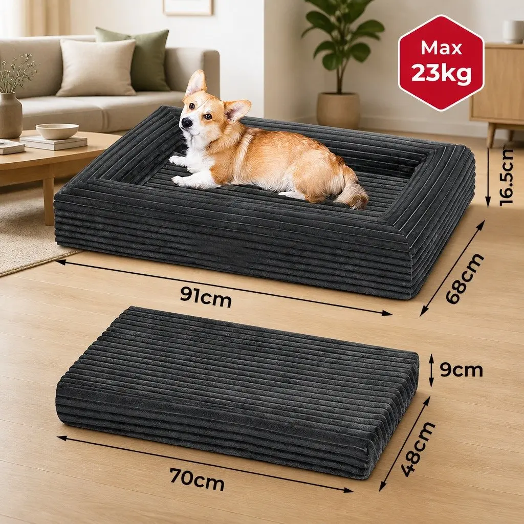 Orthopedic Pet Bed Removable Washable Cover Grey Corduroy Large Size Egg Crate Foam Supportive Comfort with Non-Slip Bottom