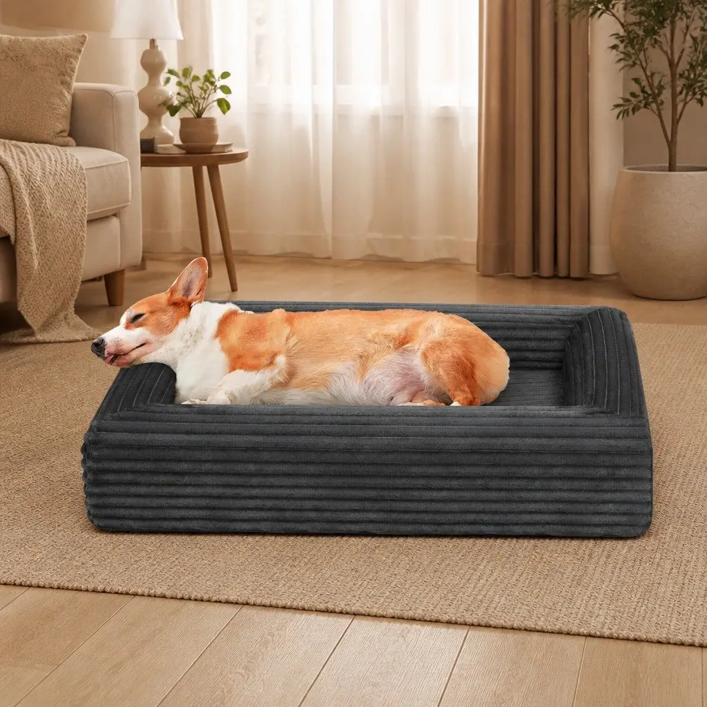 Orthopedic Pet Bed Removable Washable Cover Grey Corduroy Large Size Egg Crate Foam Supportive Comfort with Non-Slip Bottom