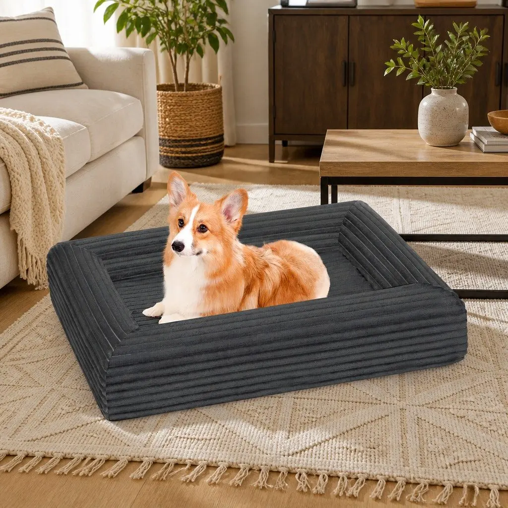 Orthopedic Pet Bed Removable Washable Cover Grey Corduroy Large Size Egg Crate Foam Supportive Comfort with Non-Slip Bottom