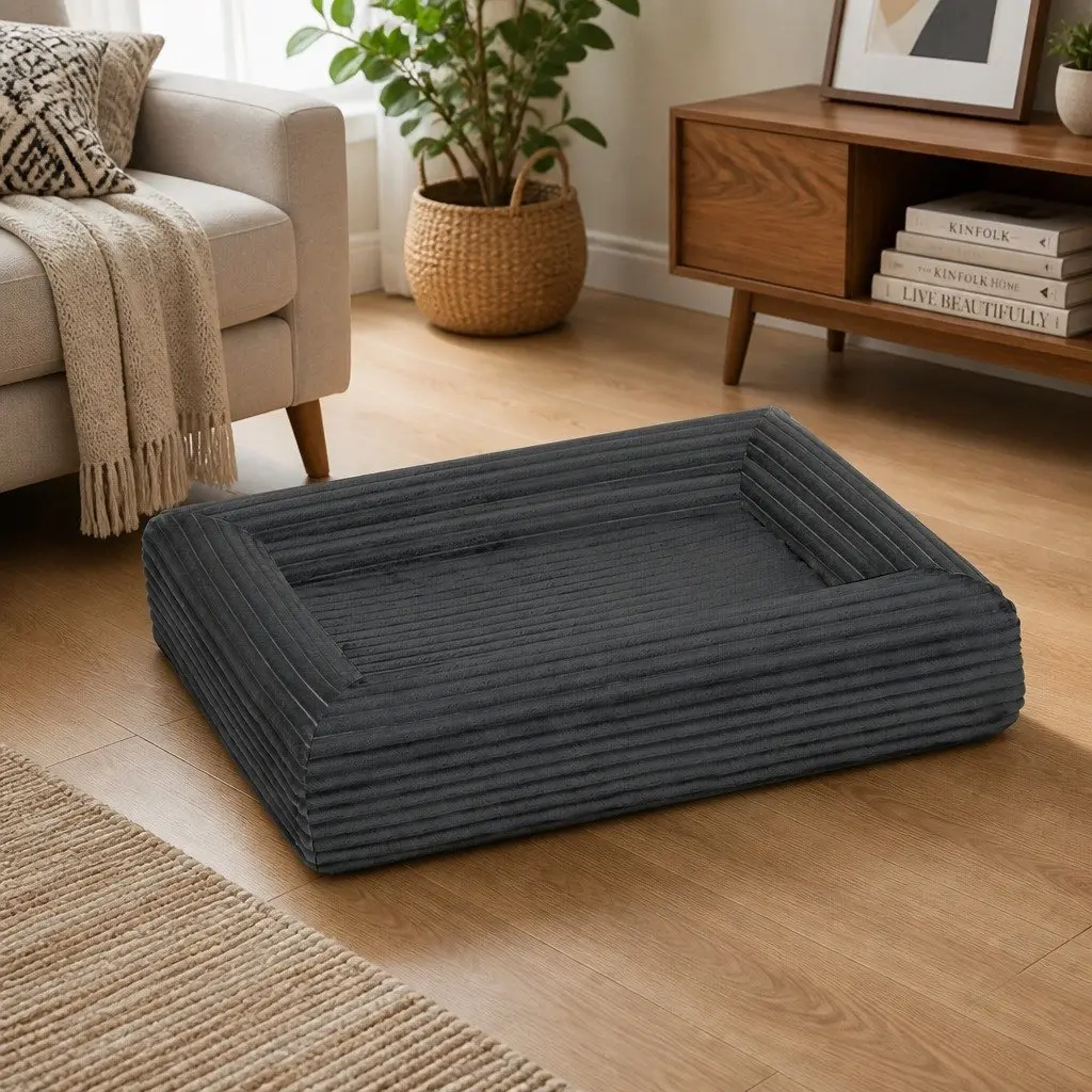 Orthopedic Pet Bed Removable Washable Cover Grey Corduroy Large Size Egg Crate Foam Supportive Comfort with Non-Slip Bottom