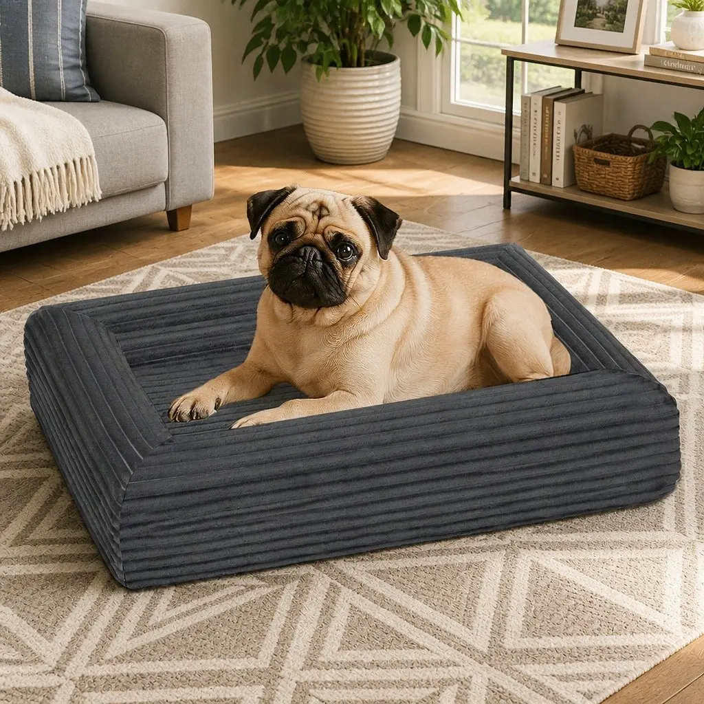 Orthopedic Dog Bed Medium Size Egg Crate Foam Pet Mattress Grey Corduroy Cover