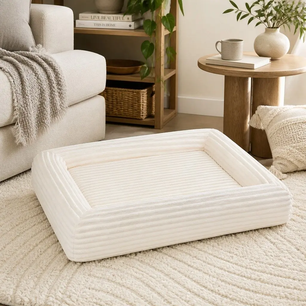 Medium Size Pet Mattress Orthopedic Support Egg Crate Foam with Removable Corduroy Cover and 4 Sided Pillow Bolsters Beige