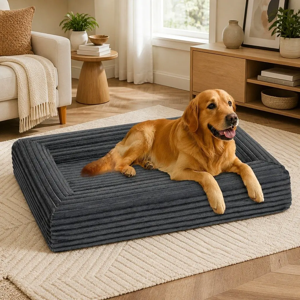 XXL Dog Bed Corduroy Egg Crate Foam Grey Removable Washable Cover Orthopedic Support