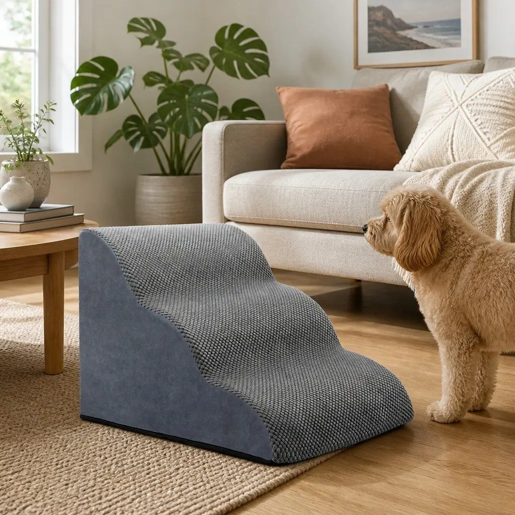 Pet Stairs 3 Steps Dog Ramp High Density Foam Non-Slip Portable Handle Grey