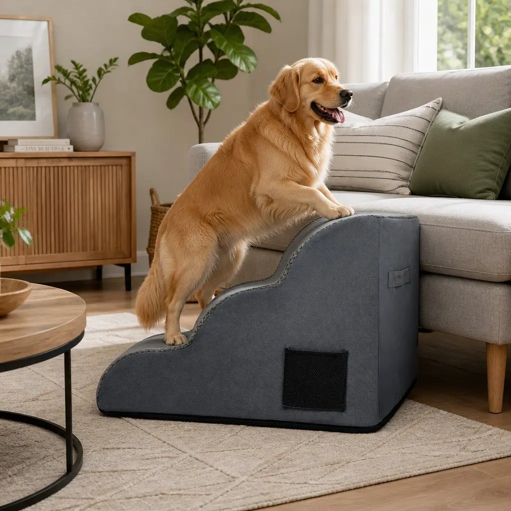 Pet Stairs 3 Steps Dog Ramp High Density Foam Non-Slip Portable Handle Grey