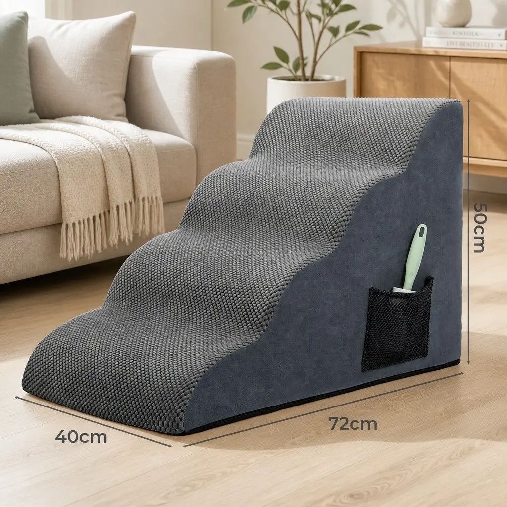 Pet Stairs 4 Steps Dog Ramp High Density Foam Non-Slip Portable Handle Grey