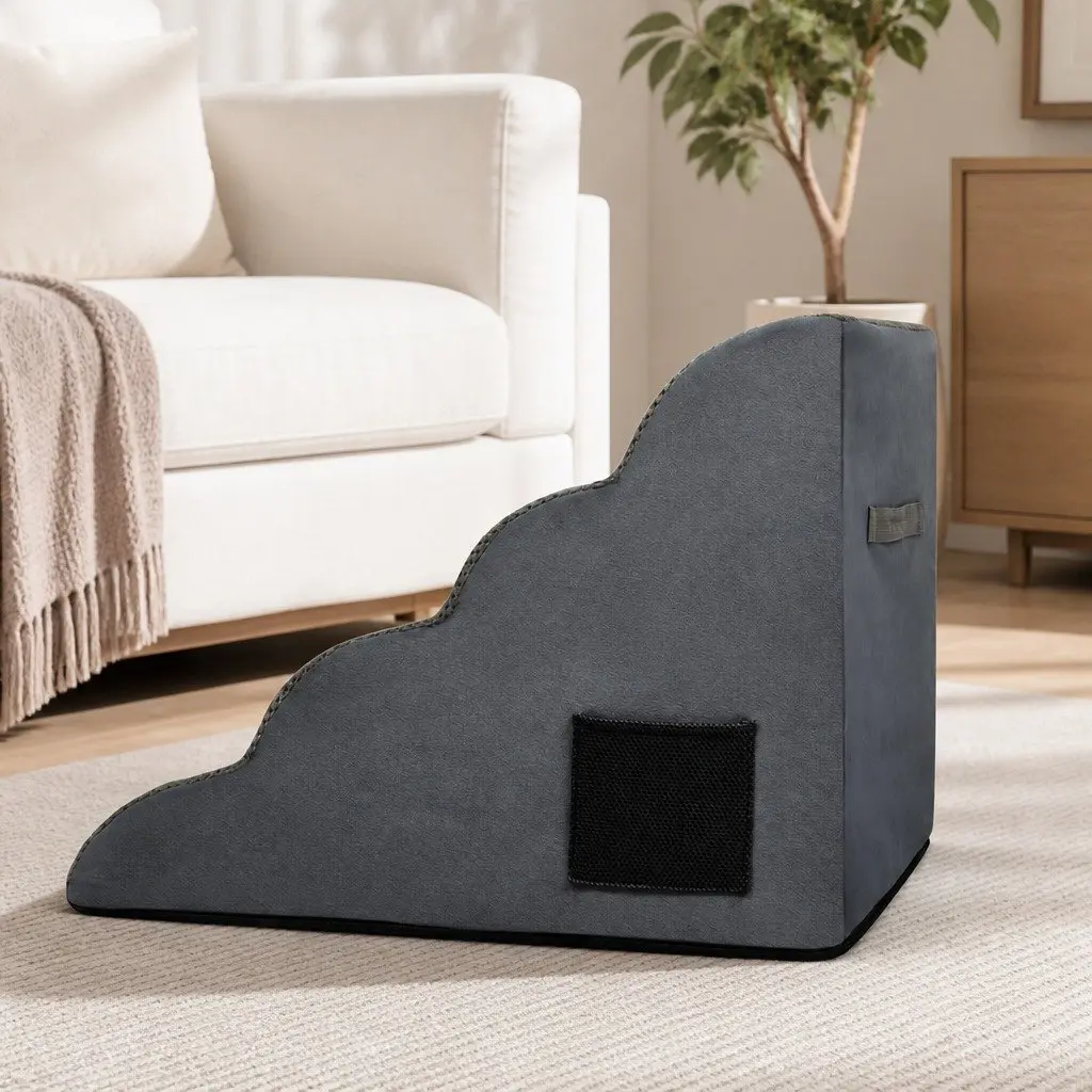 Pet Stairs 4 Steps Dog Ramp High Density Foam Non-Slip Portable Handle Grey