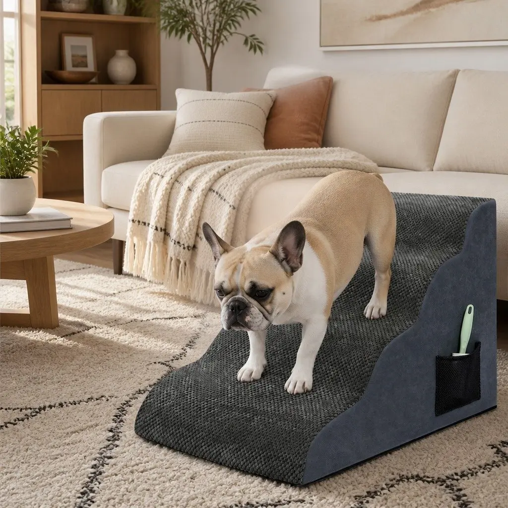 Pet Stairs 4 Steps Dog Ramp High Density Foam Non-Slip Portable Handle Grey