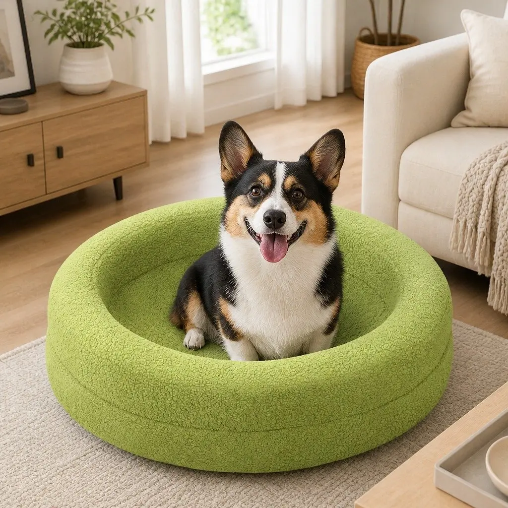 Memory Foam Dog Bed Orthopedic Sherpa Fleece Bolster Waterproof Green 78cm