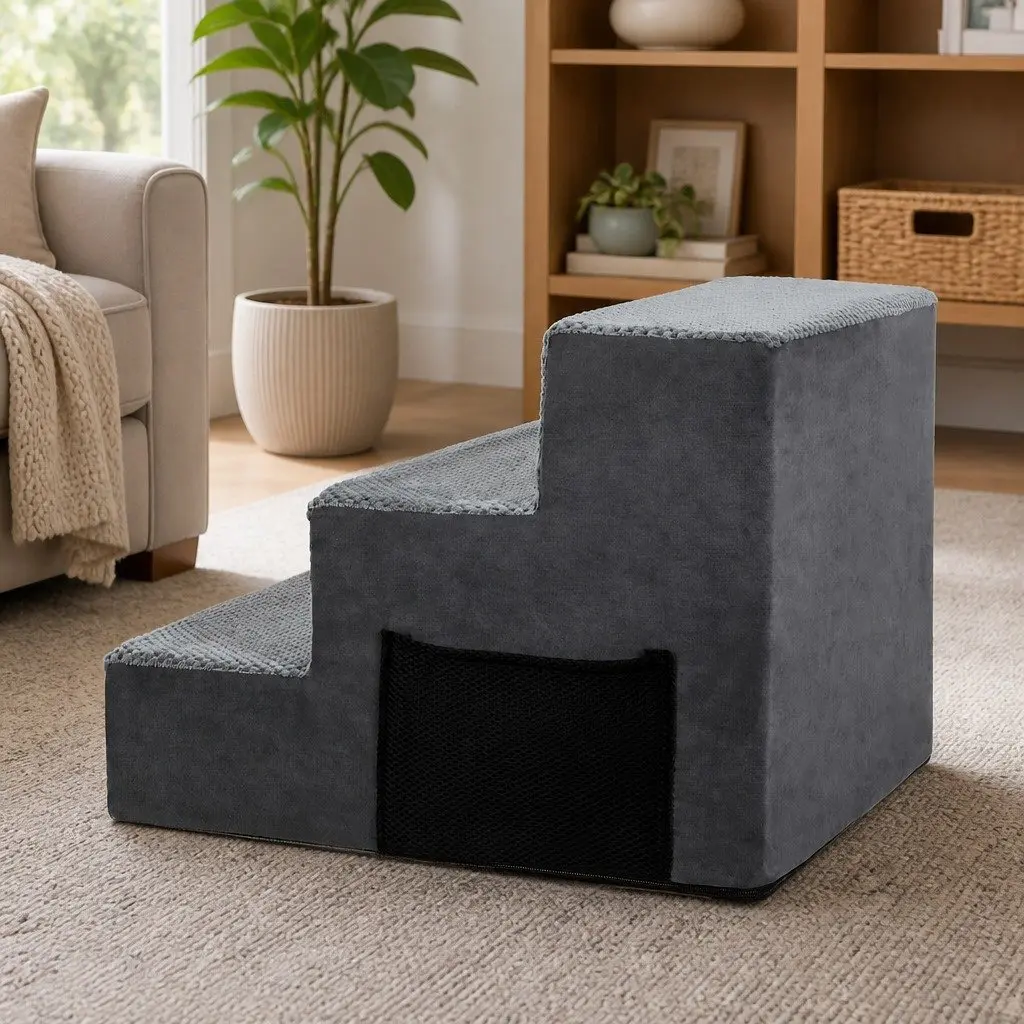 Pet Stairs High Density Foam 45cm x 40cm x 34cm Grey Non-Slip Portable Steps for Small Dogs