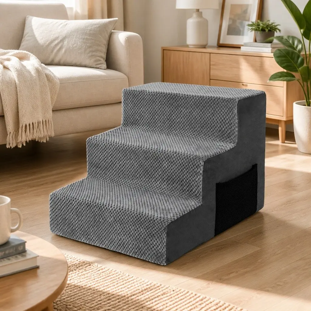 Pet Stairs High Density Foam 45cm x 40cm x 34cm Grey Non-Slip Portable Steps for Small Dogs