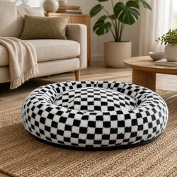 Circular Plush Dog Cosy Bed Calming Pet Bed Checkered Design Removable Cover