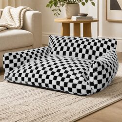 Pet Bed Plush Checkered Dog Bed Washable Cat Bed Removable Cover Bolster Support