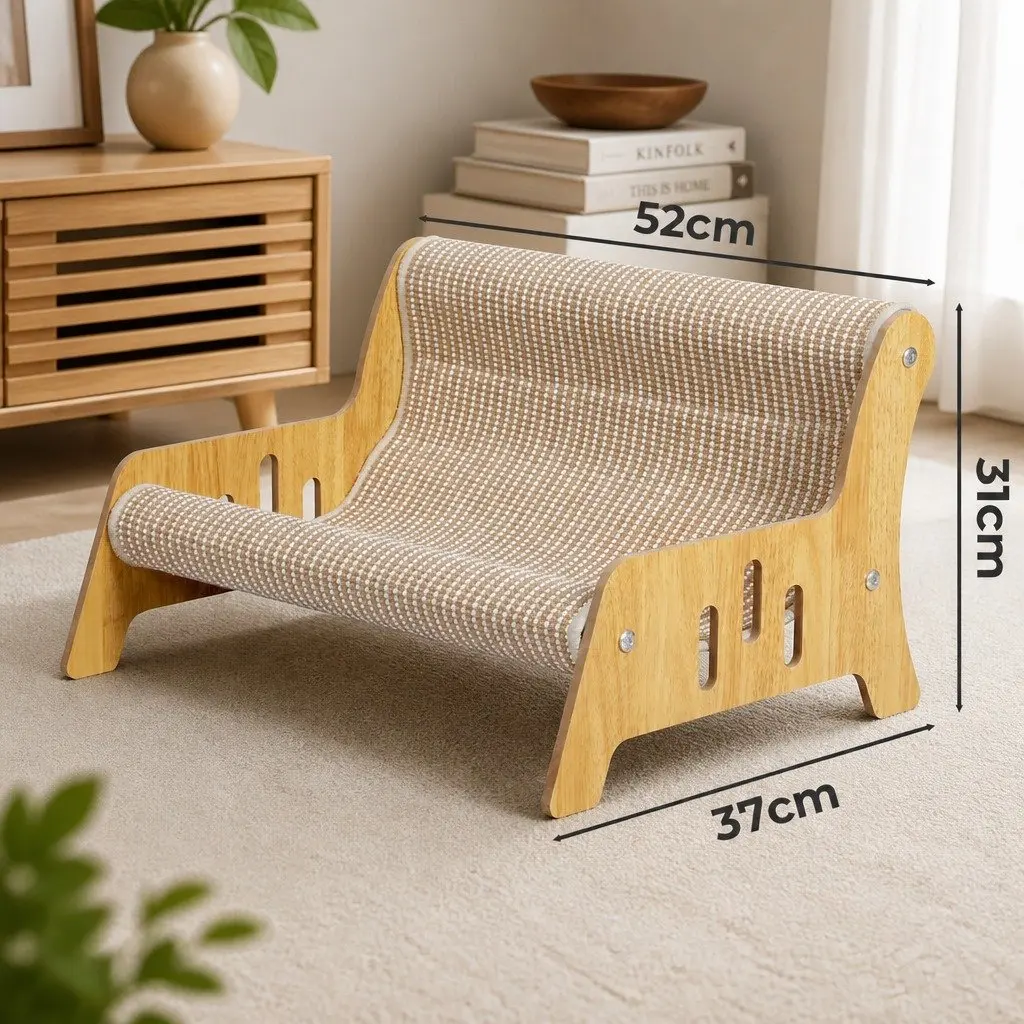 Cat Lounge Chair Scratching Bed 52cm Durable Linen Blend Light Wood Indoor Furniture