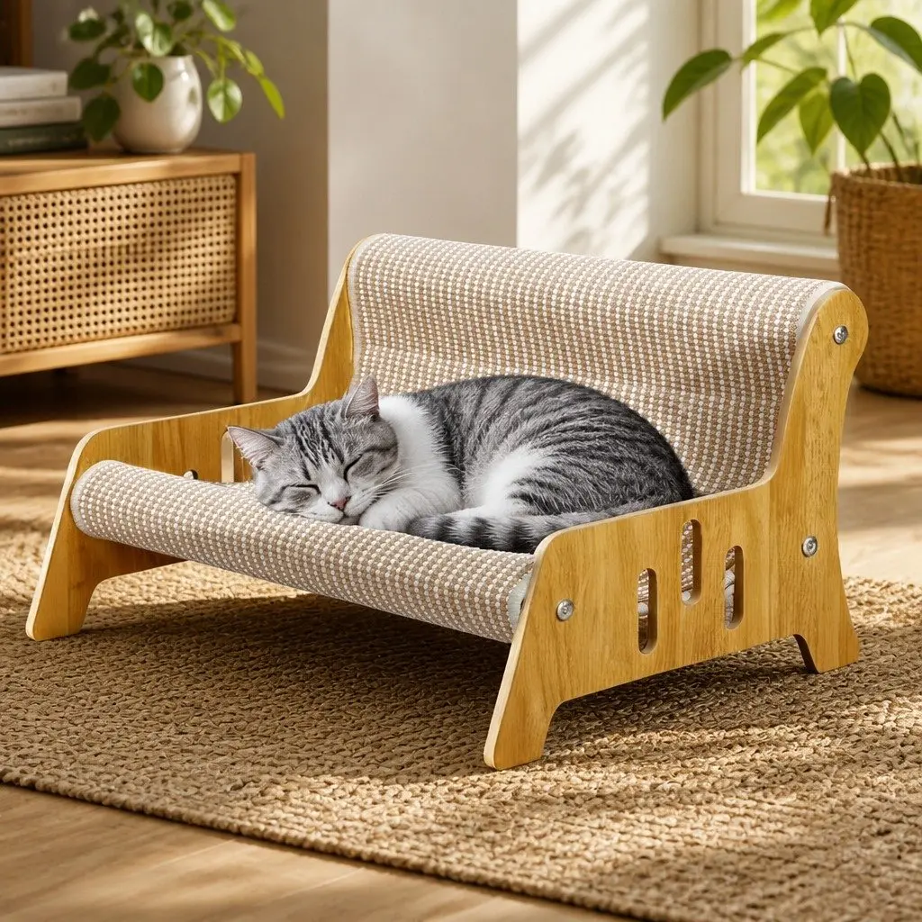 Cat Lounge Chair Scratching Bed 52cm Durable Linen Blend Light Wood Indoor Furniture