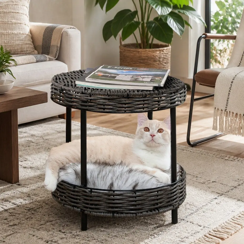 Elevated Rattan Pet Bed Indoor Furniture 38cm Soft Cushion