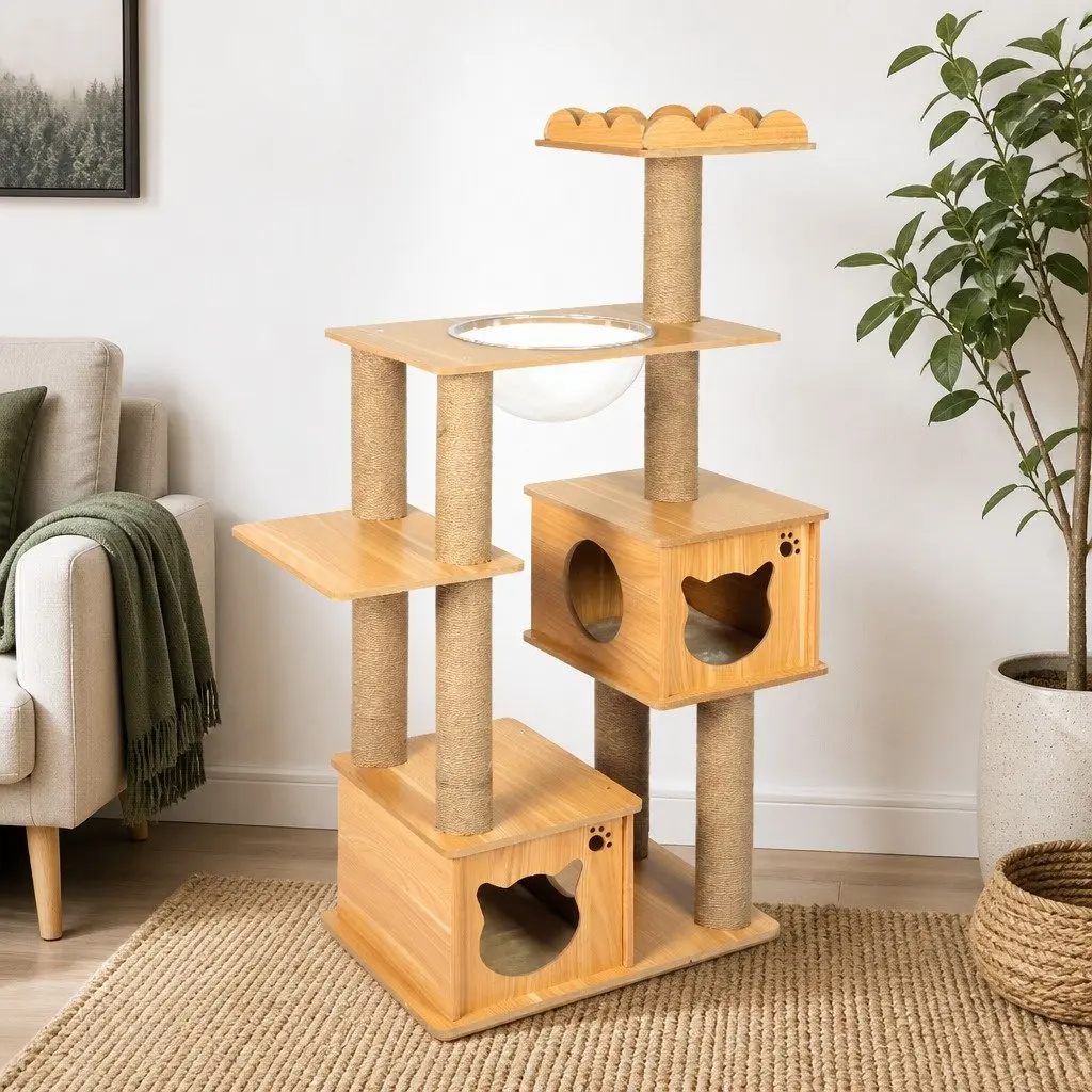 Cat Tree Multi-Level MDF Plush Fabric Sisal 60cm x 40cm x 138cm Greige