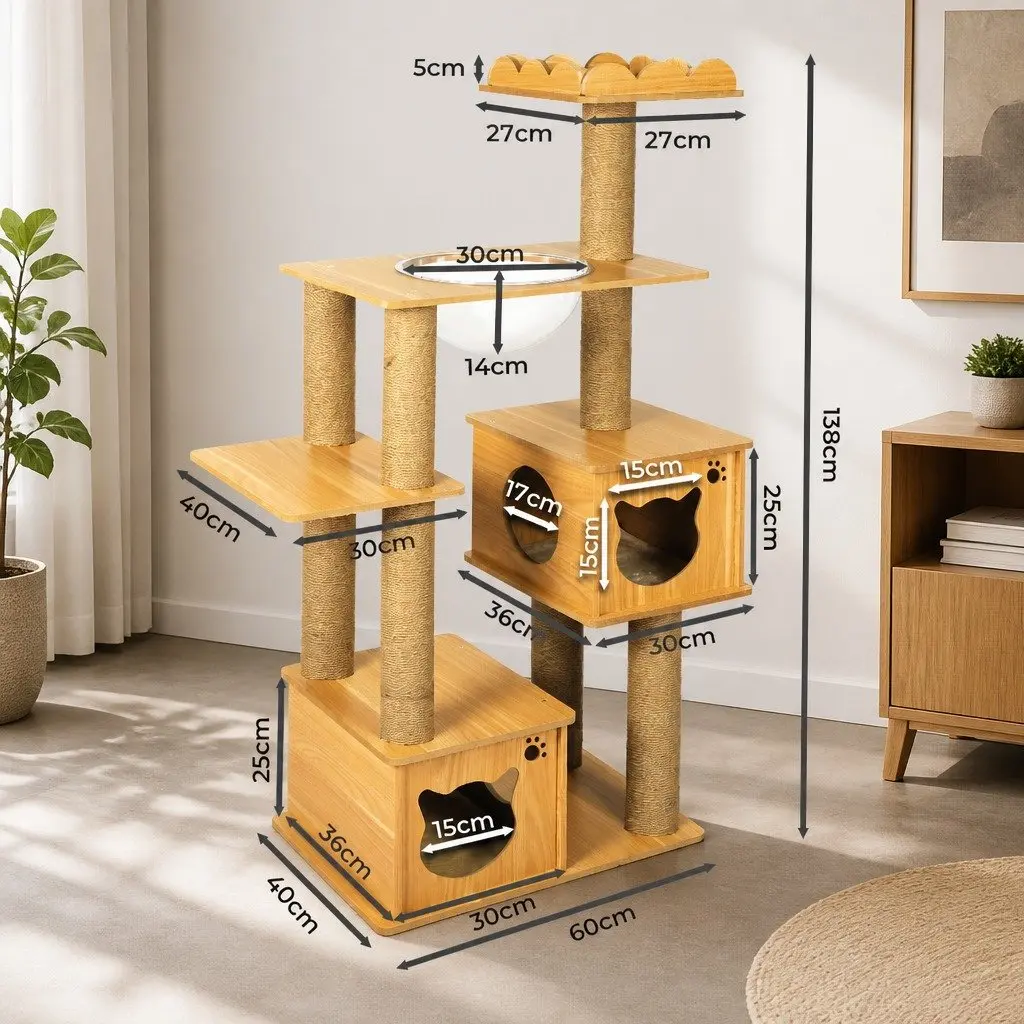 Cat Tree Multi-Level MDF Plush Fabric Sisal 60cm x 40cm x 138cm Greige