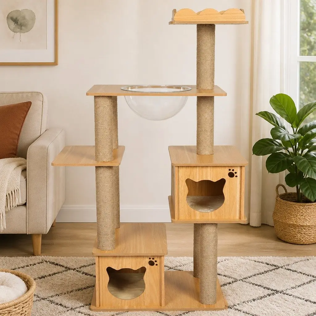 Cat Tree Multi-Level MDF Plush Fabric Sisal 60cm x 40cm x 138cm Greige