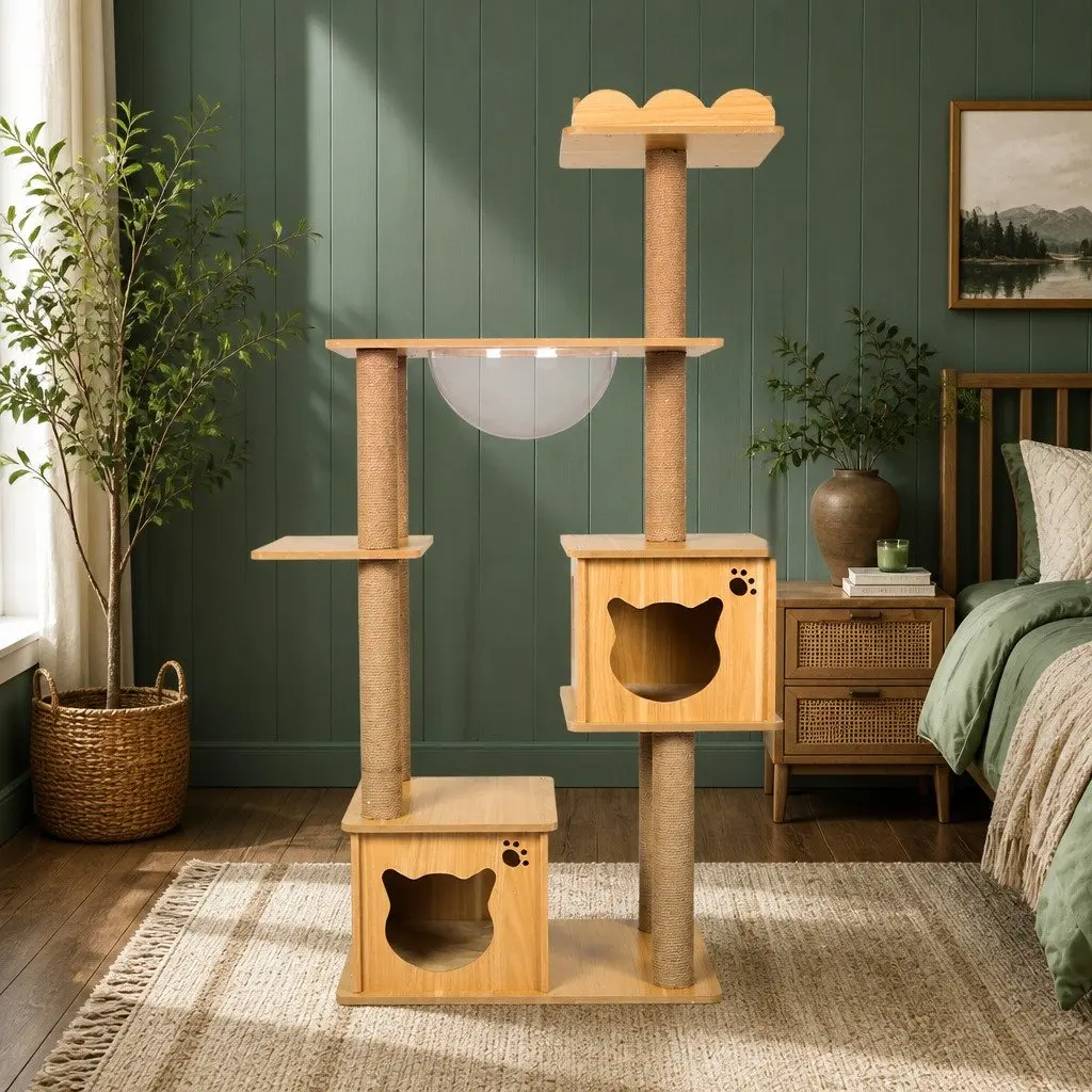 Cat Tree Multi-Level MDF Plush Fabric Sisal 60cm x 40cm x 138cm Greige