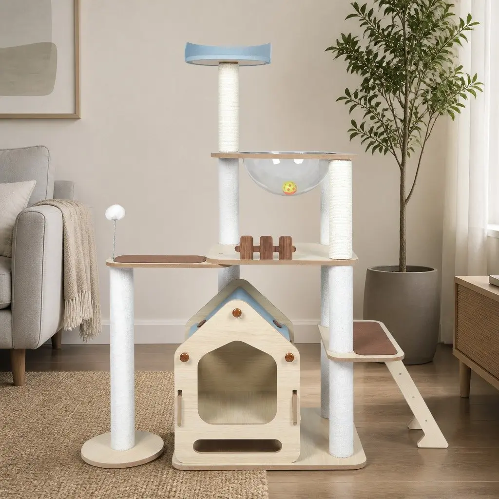 Cat Tree Wooden Multi-Level Scratching Post 120cm L x 48cm W x 138cm H with Platforms Sleeping Den and Sisal Posts