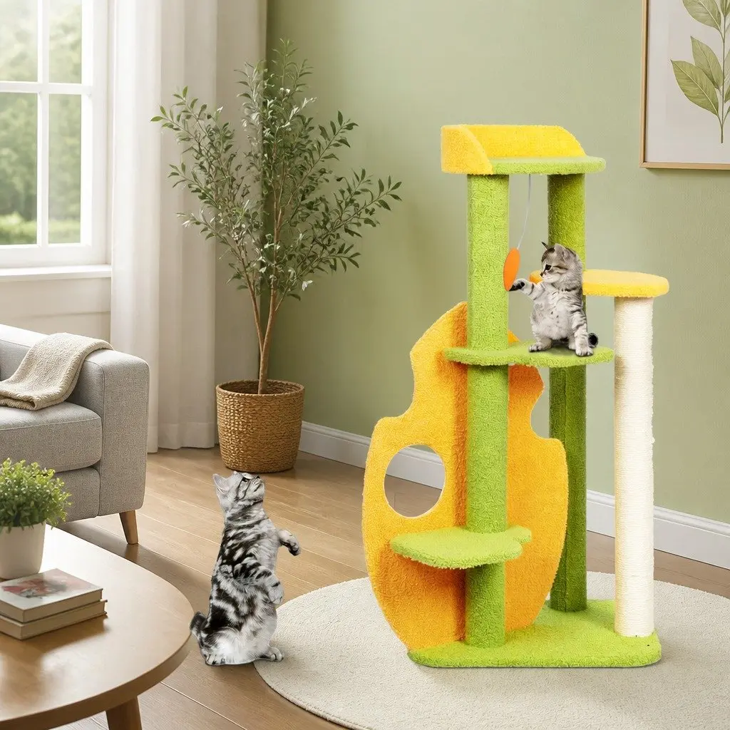 Cat Tree Multi-Level MDF Frame Plush Polyester Cover Green