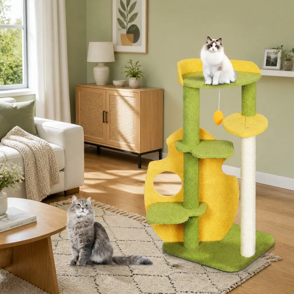 Cat Tree Multi-Level MDF Frame Plush Polyester Cover Green