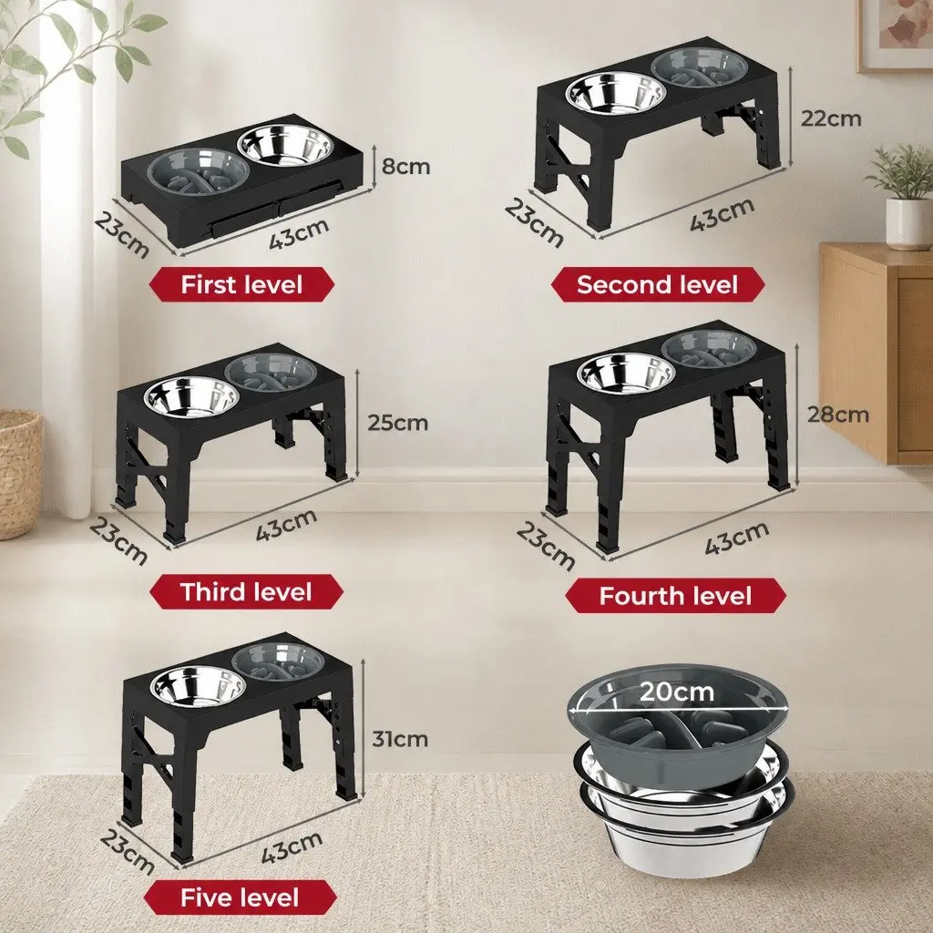 Adjustable Elevated Pet Feeding Bowls Stainless Steel Slow Feeder 1.1L Capacity Black