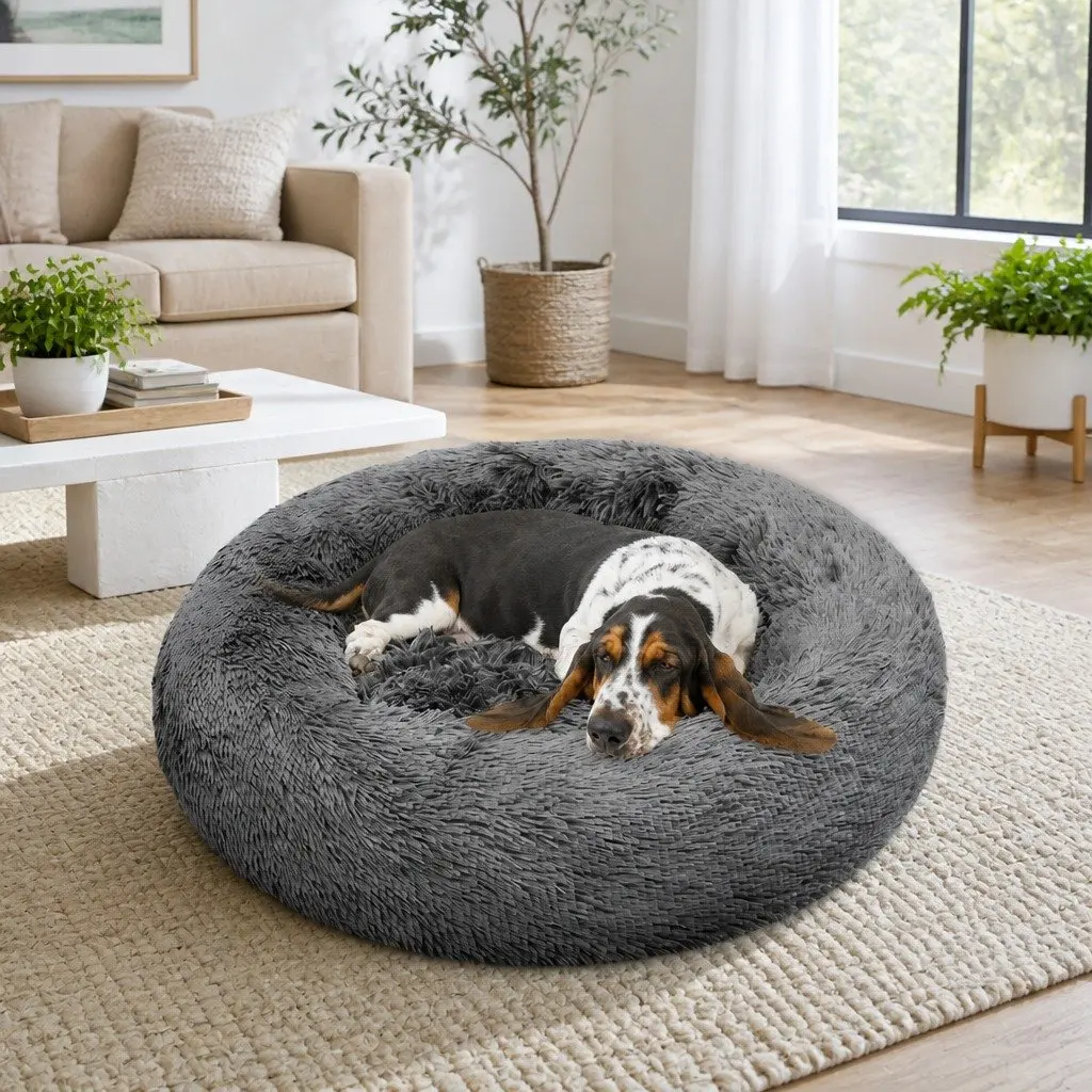 Round Plush Calming Pet Bed Polyester 90cm Dark Grey