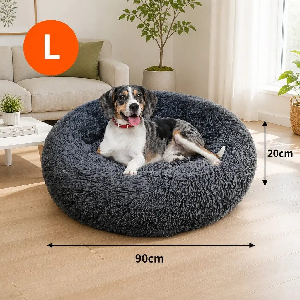 Round Plush Calming Pet Bed Polyester 90cm Dark Grey