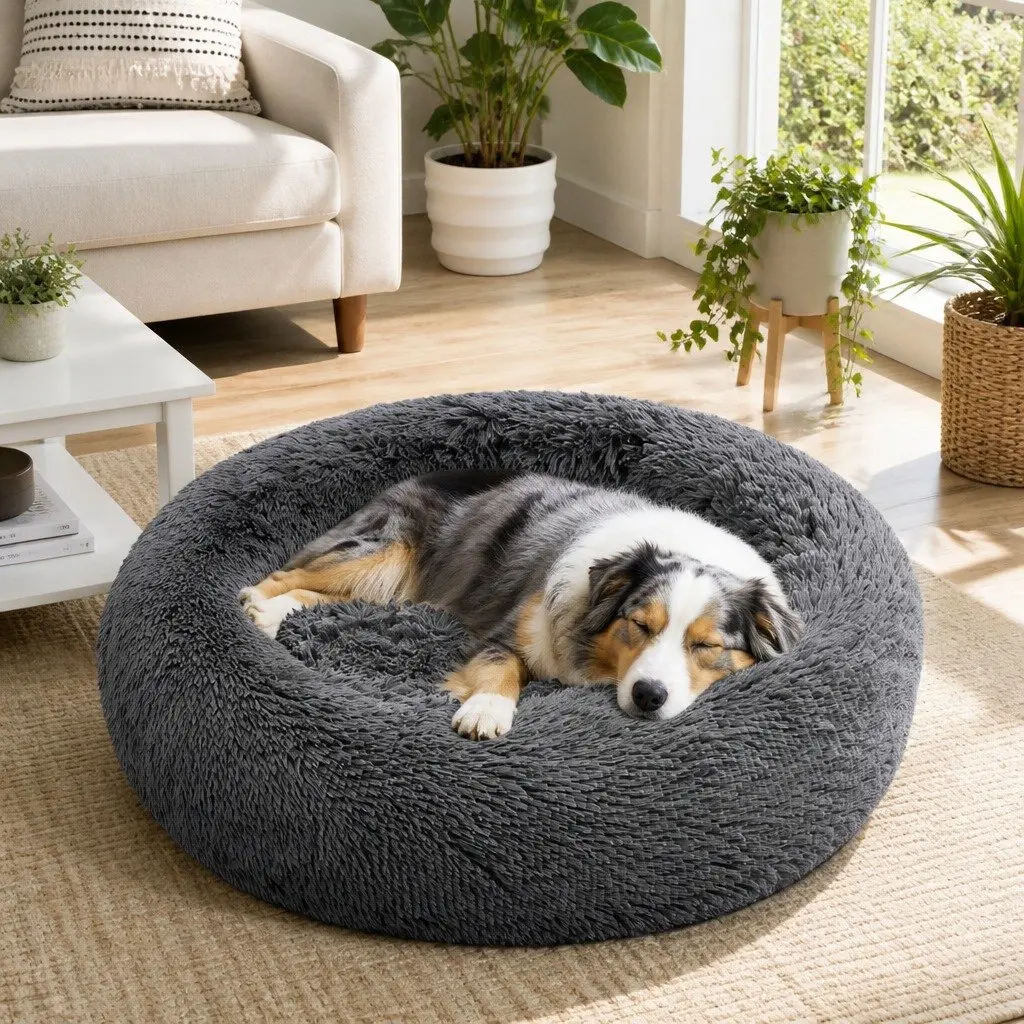 Round Plush Calming Pet Bed Polyester 90cm Dark Grey