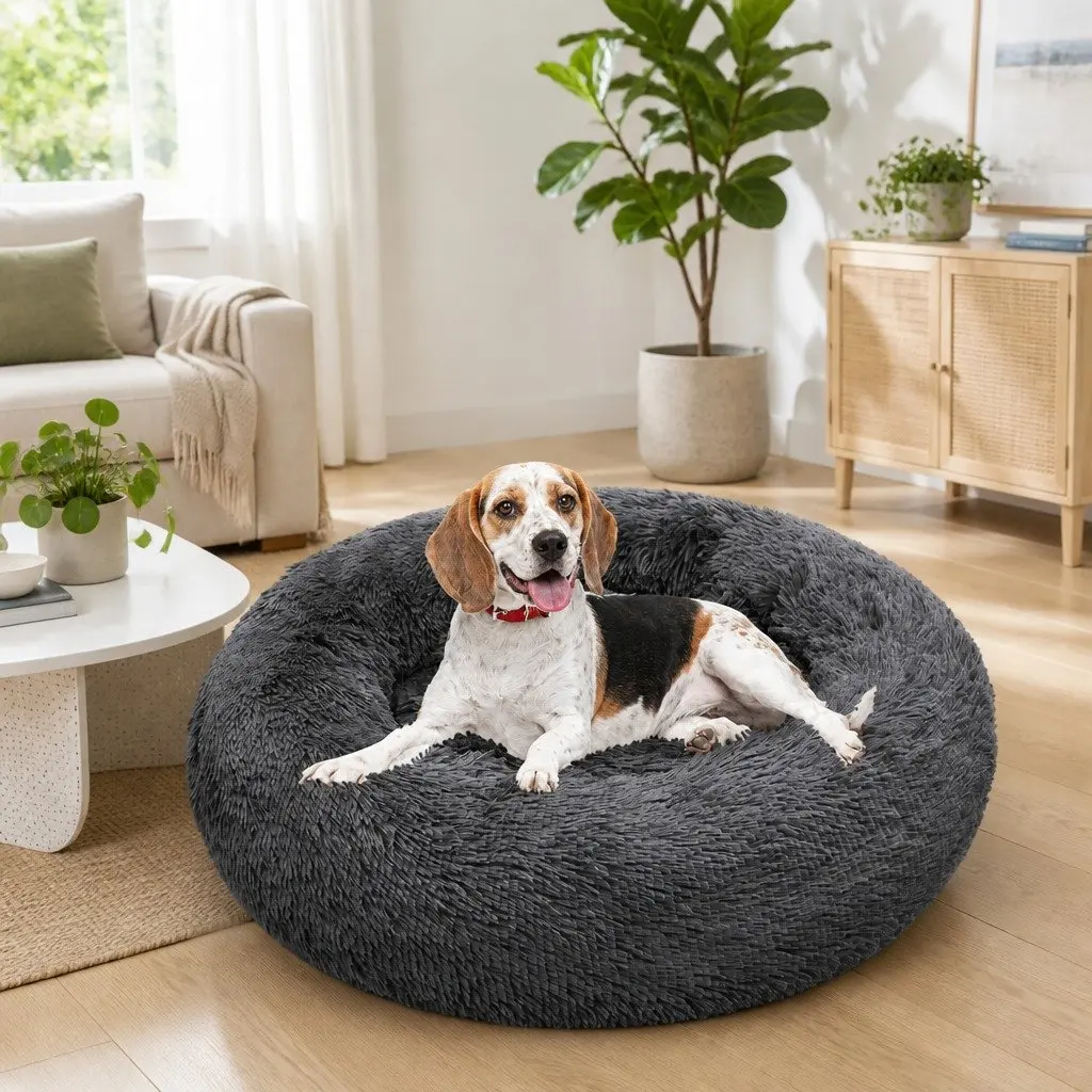 Round Plush Calming Pet Bed Polyester 90cm Dark Grey
