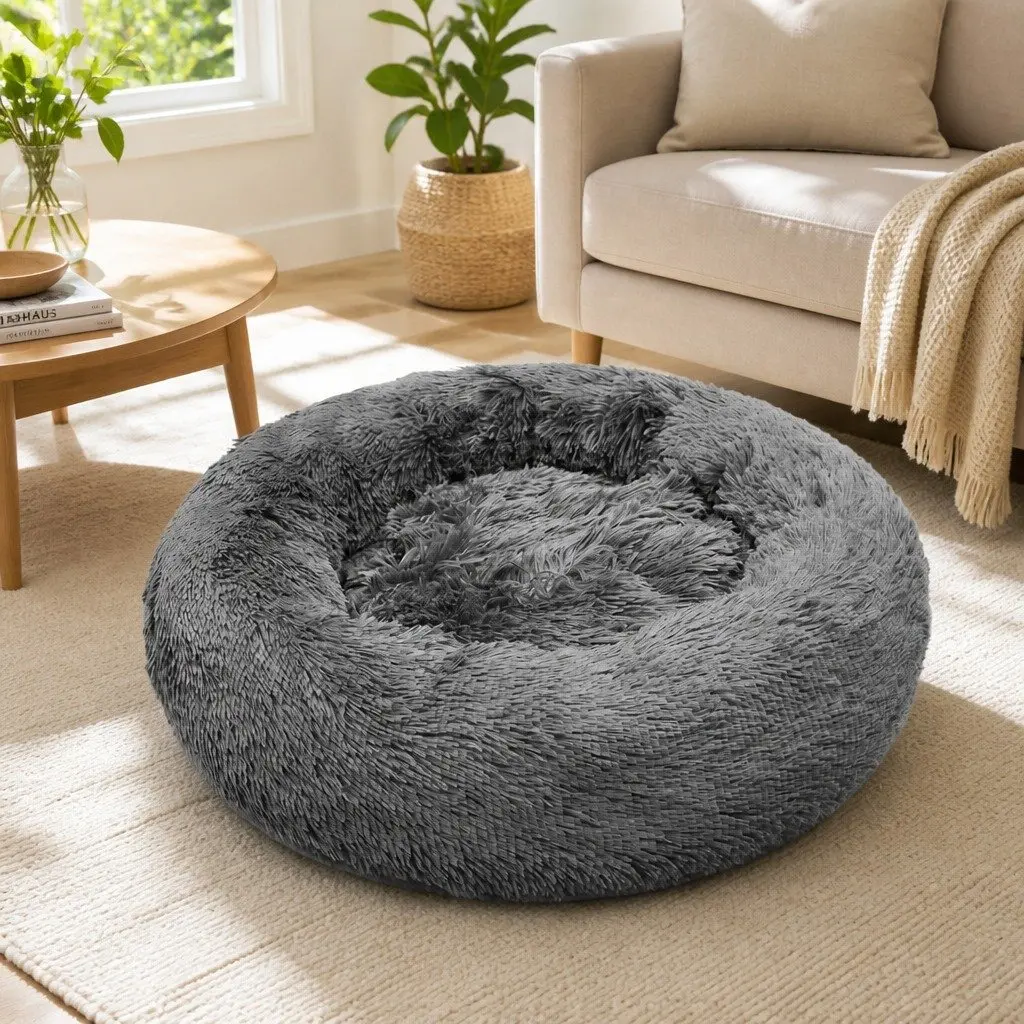 Round Plush Calming Pet Bed Polyester 90cm Dark Grey