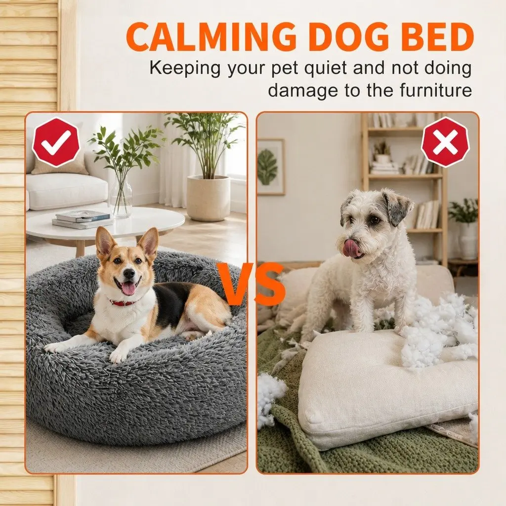 Round Plush Calming Pet Bed Polyester 90cm Dark Grey